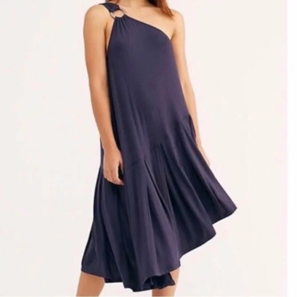 Free People Francesca One Shoulder Dress Midi Navy Blue Size Medium NWT - Picture 1 of 11